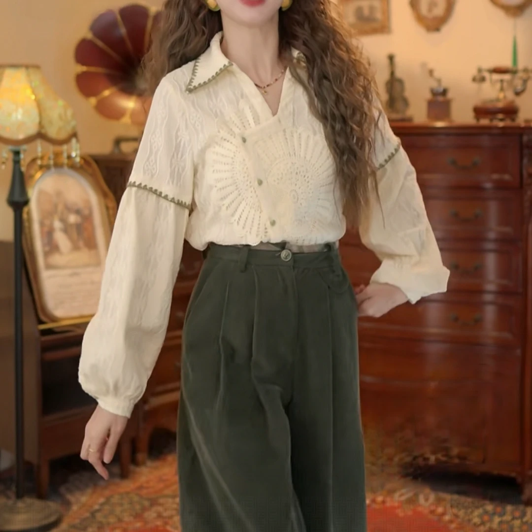 港味复古百搭上衣时尚显瘦方领长袖女衬衫气质提花肌理感衬衣