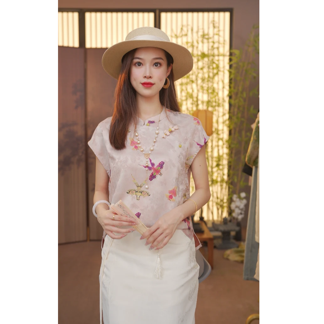 CJ 【燕子】新中式2025夏季气质百搭提花立领短袖上衣女YY25070607