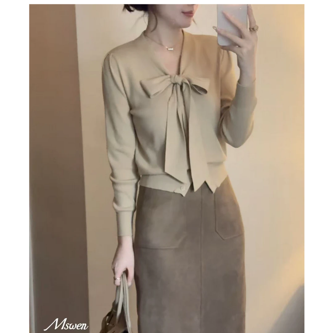 【WENZO】泡芙小姐~冬季百搭时尚气质显瘦V领飘带针织开衫W240716