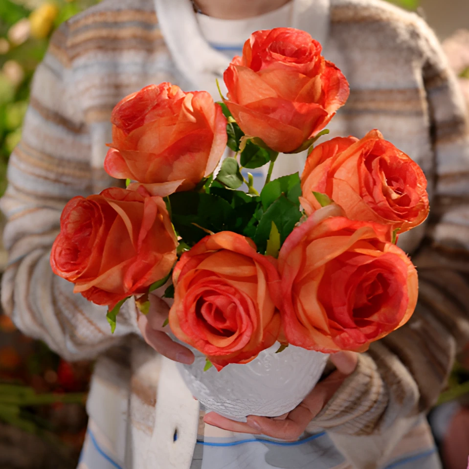 橙色单头大玫瑰丝绢布餐桌花 客厅花家庭装饰仿真花 假花