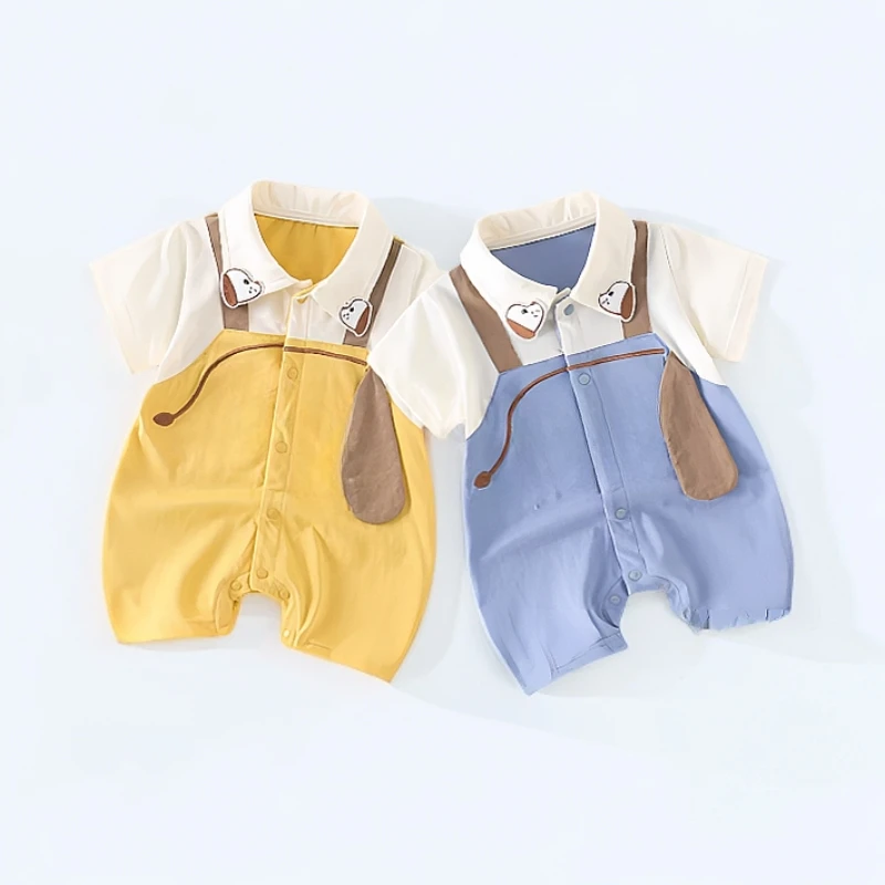 【夏季】新款男女宝宝婴幼儿翻领小狗假两件洋气韩版连体哈衣外出服