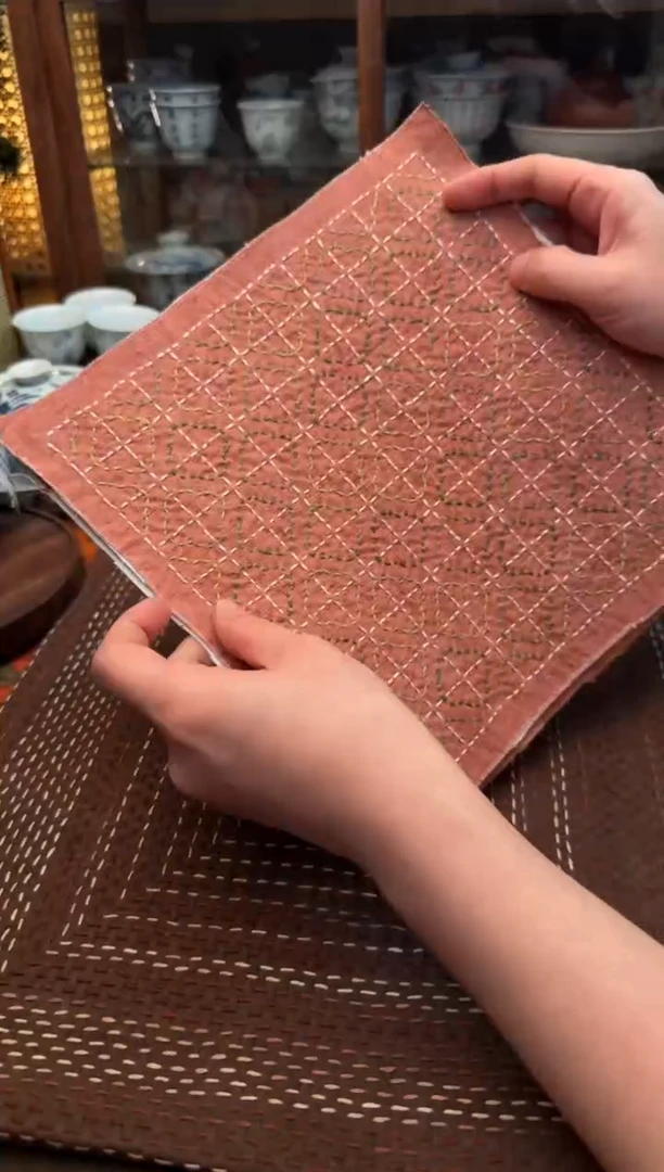 【闪购商品】织绣Cici手作刺子绣茶席-粉四叶草20cm