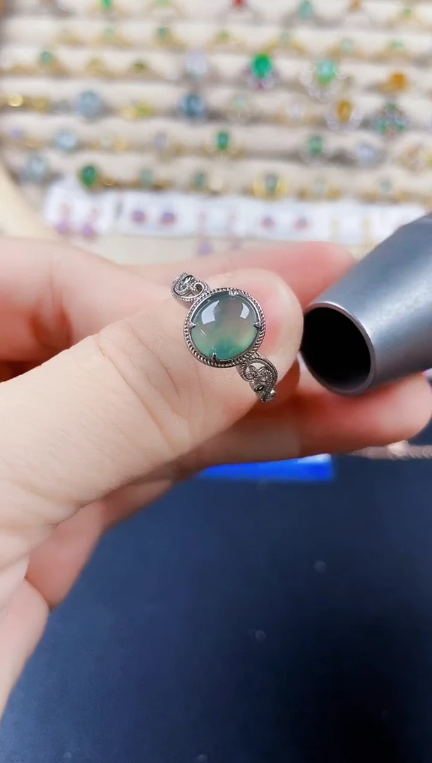 翡翠戒指银S925镶嵌123489