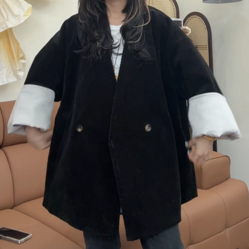 museguhui/木色古汇25304#灯芯绒大翻袖外套气质网红时尚宽松韩版