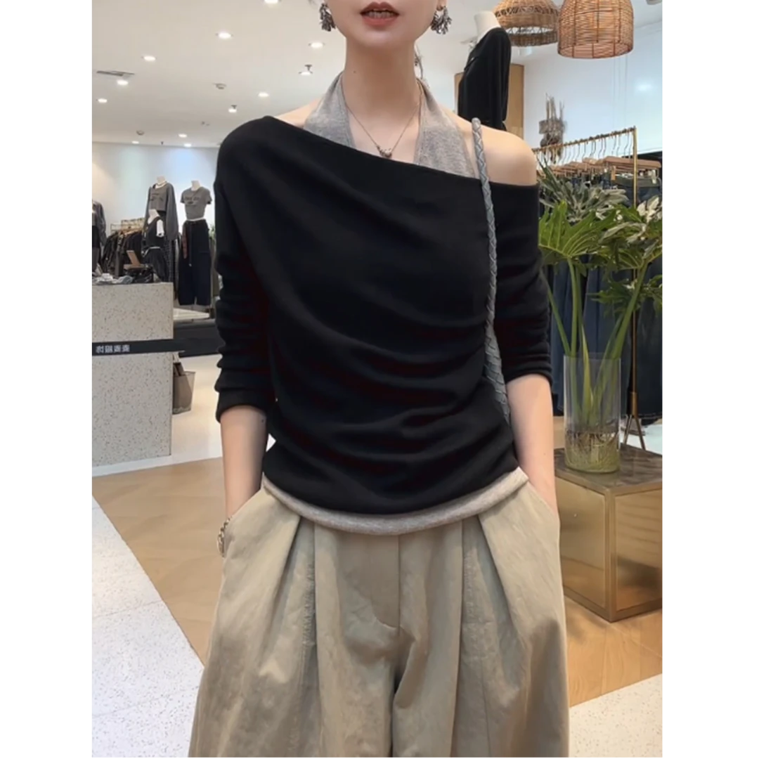 假两件背心针织打底衫女装早秋季2025新款斜肩挂脖上衣高级感毛衣