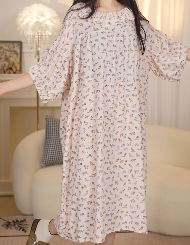 中袖猫猫-夏季新款女家居服印花显瘦睡衣碎女士花气质甜美仙女裙
