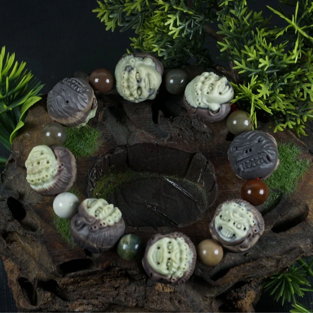 天然阿拉善玛瑙双面工手工俏色精雕大黑天手串&手持&单颗