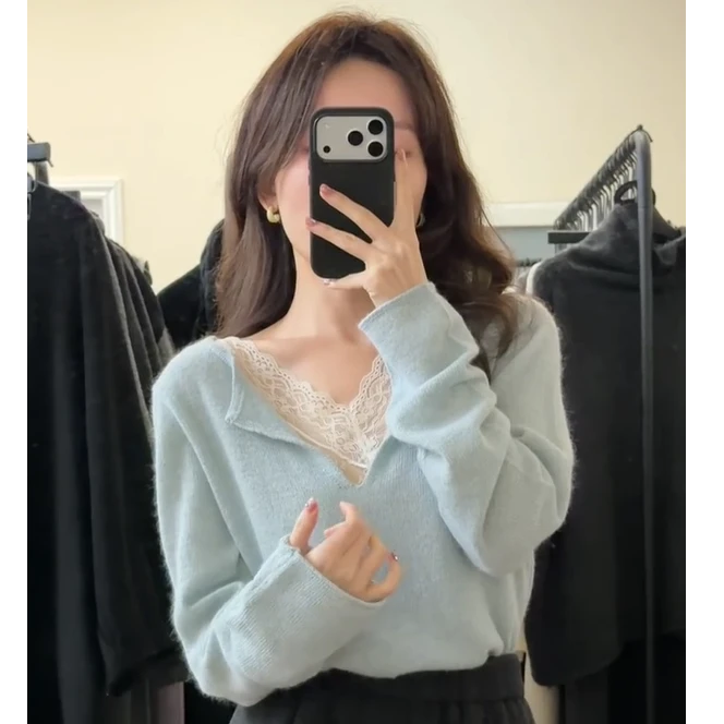 大码法式v领蕾丝假两件针织衫毛衣女秋冬保暖内搭打底衫蓝色上衣