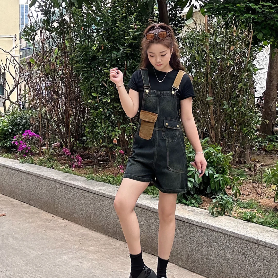 【YY】夏季小个子显瘦减龄韩版牛仔背带短裤洋气时尚阔腿背带裤女