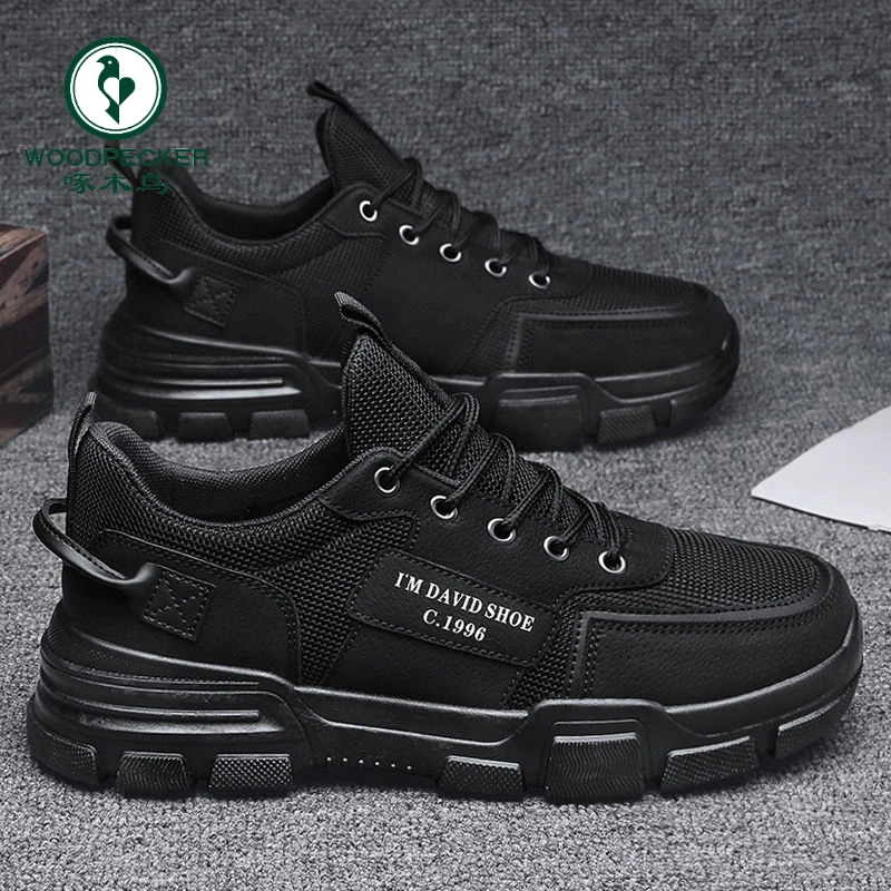 【正品】啄木鸟男鞋防水防滑耐磨黑色板鞋潮流运动休闲透气春季劳保
