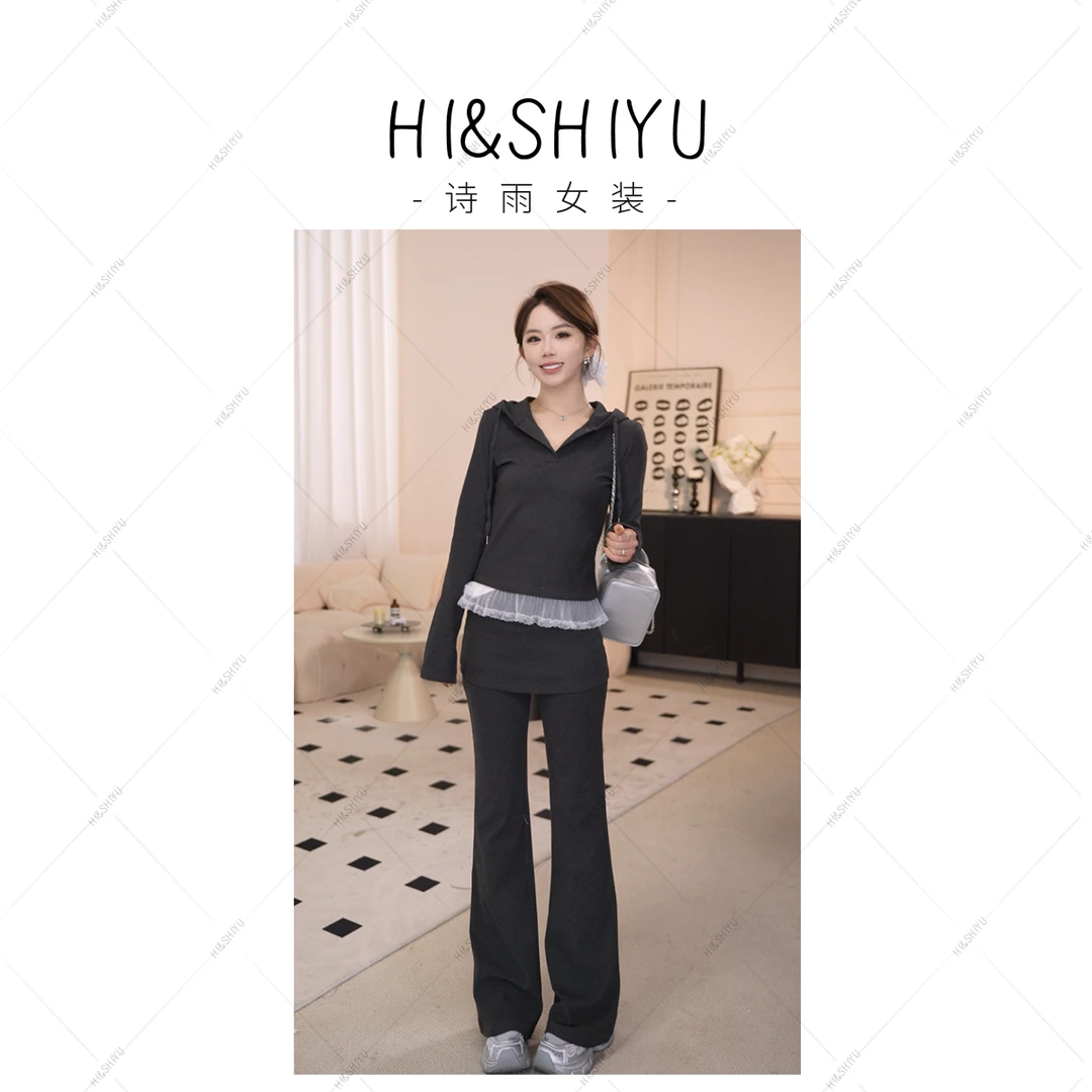 HISHIYU【轻氧少女】春秋新款气质蕾丝连帽长袖上衣显瘦裤子套装女