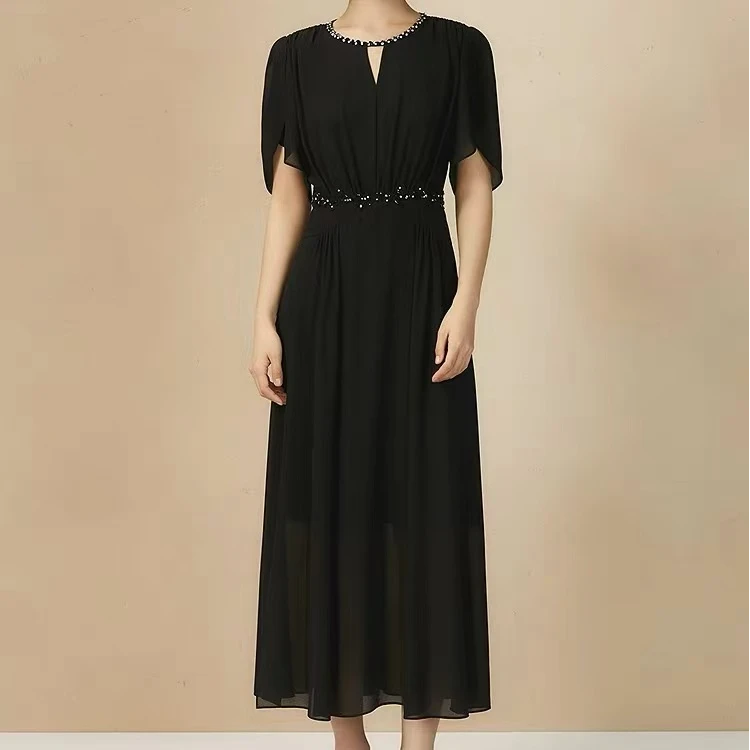 G+2025夏季新款专选黑色精致钉珠轻盈薄纱修身连衣裙气质裙子0690