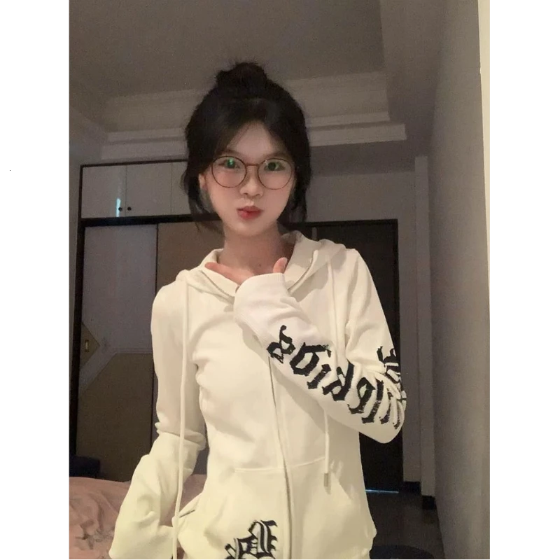 长袖辣妹白色哥特短款美式朋克修身显瘦外套连帽卫衣女春秋风高街