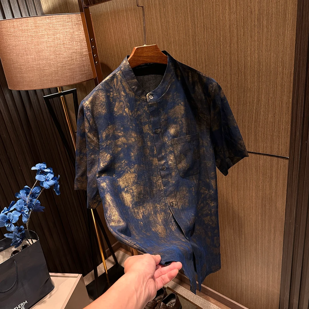 【奢品国风 鎏金香云纱】男士高端真丝桑蚕丝复古立领唐装短袖衬衫