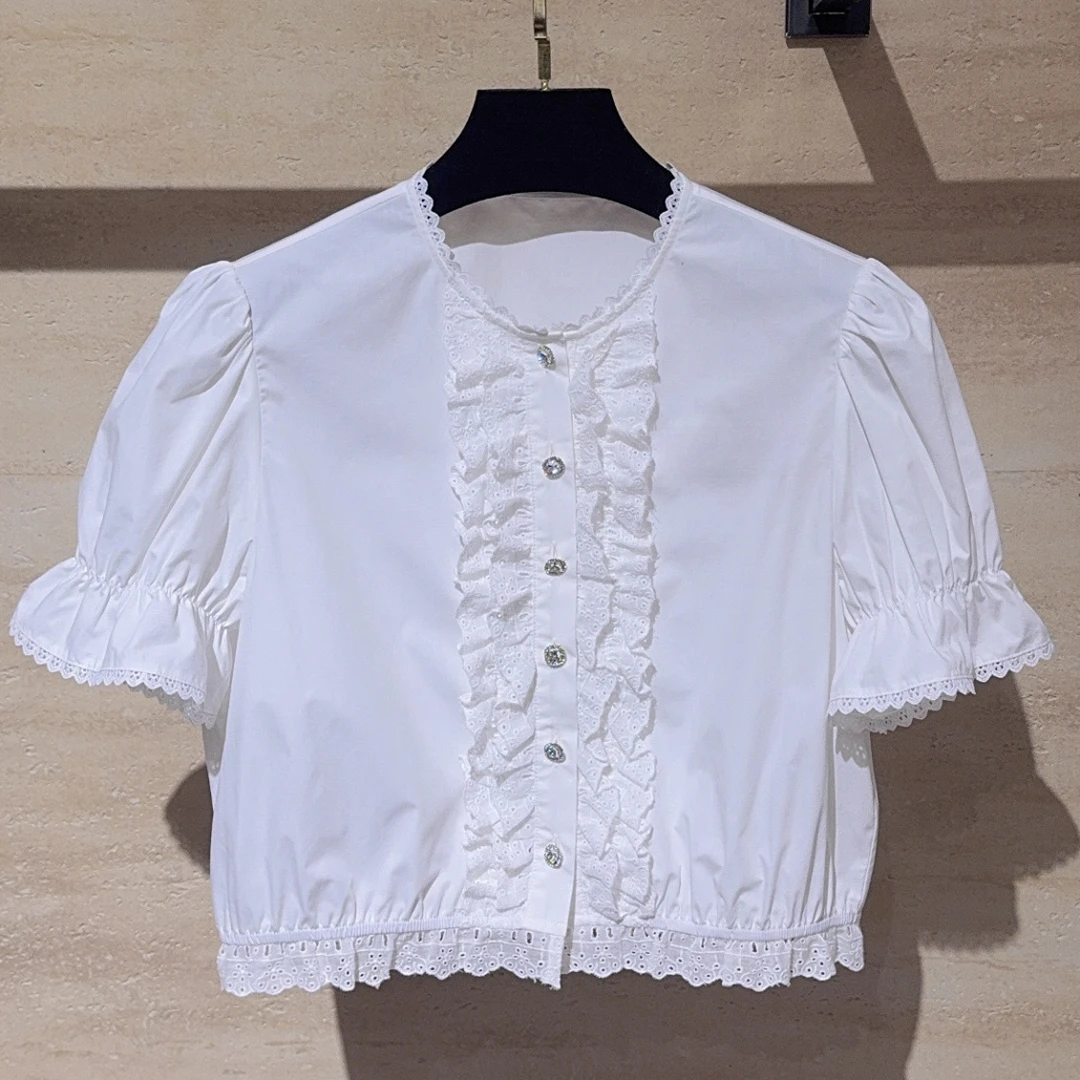 《猪猪出品》白色蕾丝设计师款短袖百搭衬衫730
