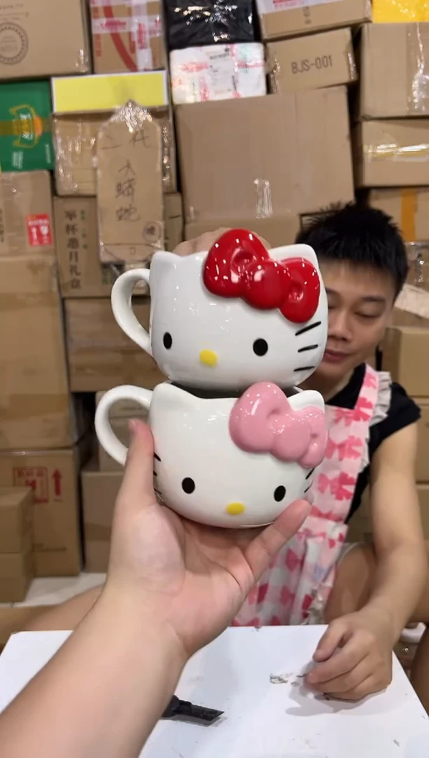 瓷片大号红色加粉色kt头杯2件套