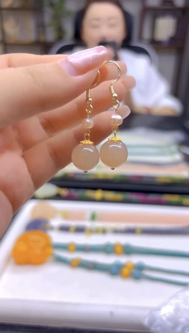 和田玉14K金镶嵌耳饰DIY款E816