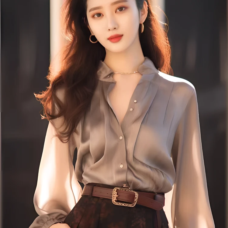 法式独特别致洋气减龄绝美上衣设计感小众灰色醋酸缎面衬衫
