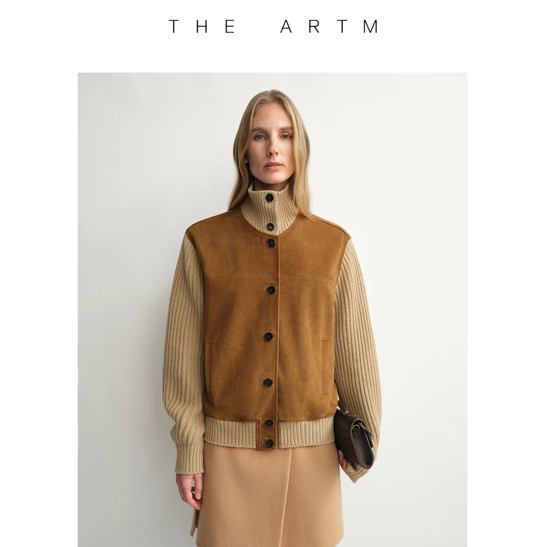 THE ARTM头层羊皮拼接美利奴羊毛针织立领短外套反绒皮复古摩登女