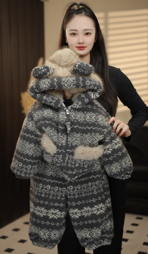 毛茸茸男女童加厚冬季新款条纹连帽加绒卫衣慵懒宽松宝宝亲子套装