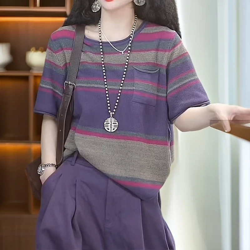 春夏新款复古立领套头时尚百搭气质显瘦针织短袖洋气休闲夏季9045