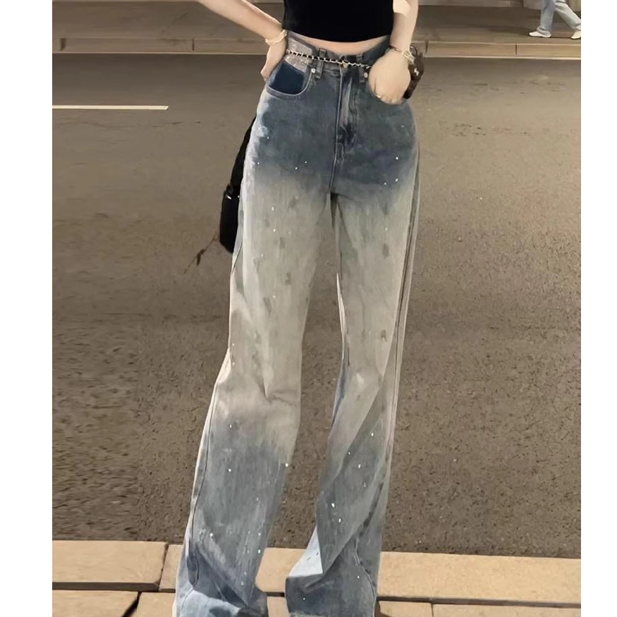 美式阔腿牛仔裤设计感烫钻渐变高腰夏季直筒宽松长裤