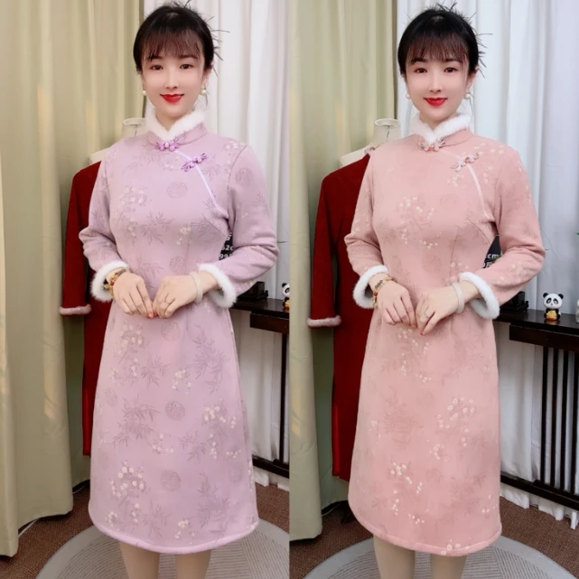 12-落叶飘飘冬款加绒加厚中长款长袖气质修身旗袍M-5XL