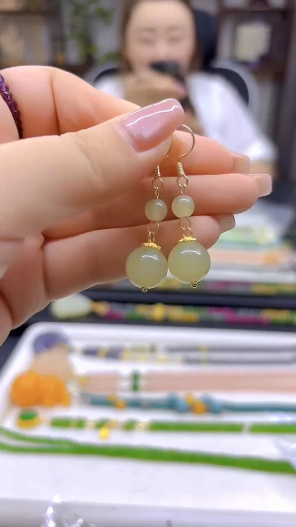 和田玉14K金镶嵌耳饰DIY款E774