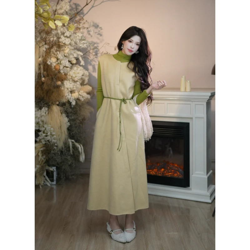 《山野万里》法式双面呢马甲连衣裙配腰带打底针织衫套装彼得潘大叔