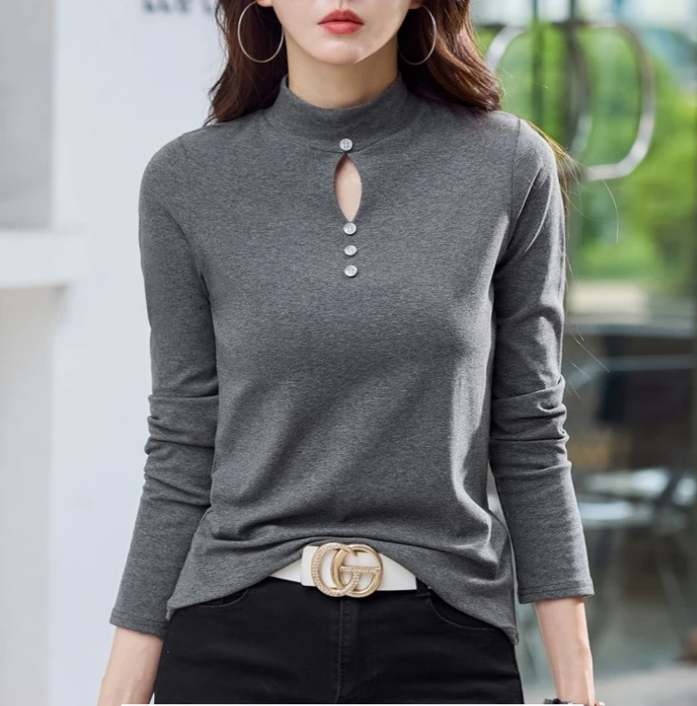 灰色秋冬季半高领打底衫长袖t恤女2025新款修身显瘦镂空内搭上衣