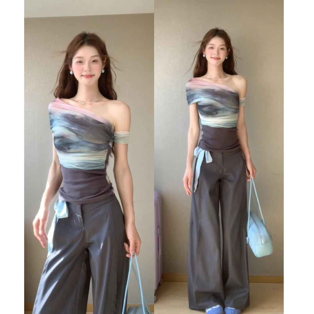 parkyeon夏季一字肩网纱短袖美式辣妹垂感直筒裤阔腿休闲裤套装女