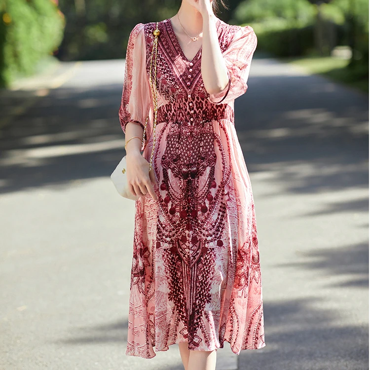 “波西米亚淡粉色”法式高贵轻奢时尚气质真丝连衣裙修身拼接 75203