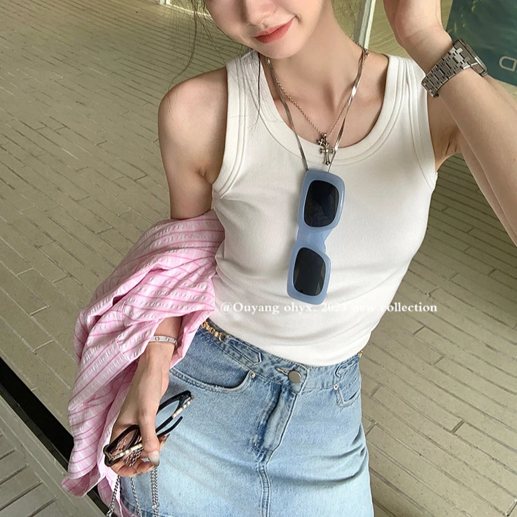 1114-背心女2025夏季短款紧身螺纹正肩U领打底衫显瘦外穿潮