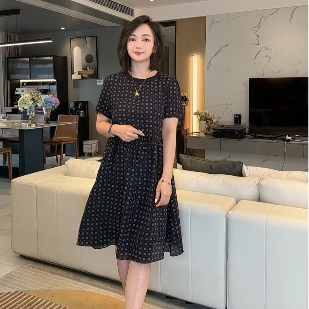 《潇潇心选》几何菱形图圆领单层桑蚕丝连衣裙 80197