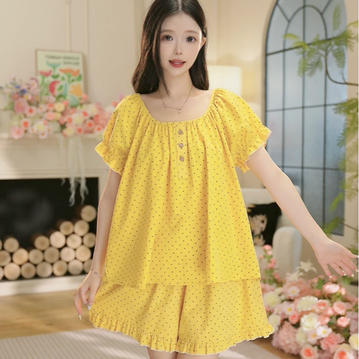 【黄波点】夏季新款纯棉棉纱面料家居服高颜值舒适透气睡衣套装