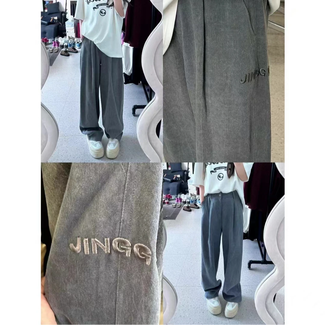 晶咕【酷酷的裤】水洗做旧刺绣字母阔腿裤韩版春季新款显瘦直筒时尚