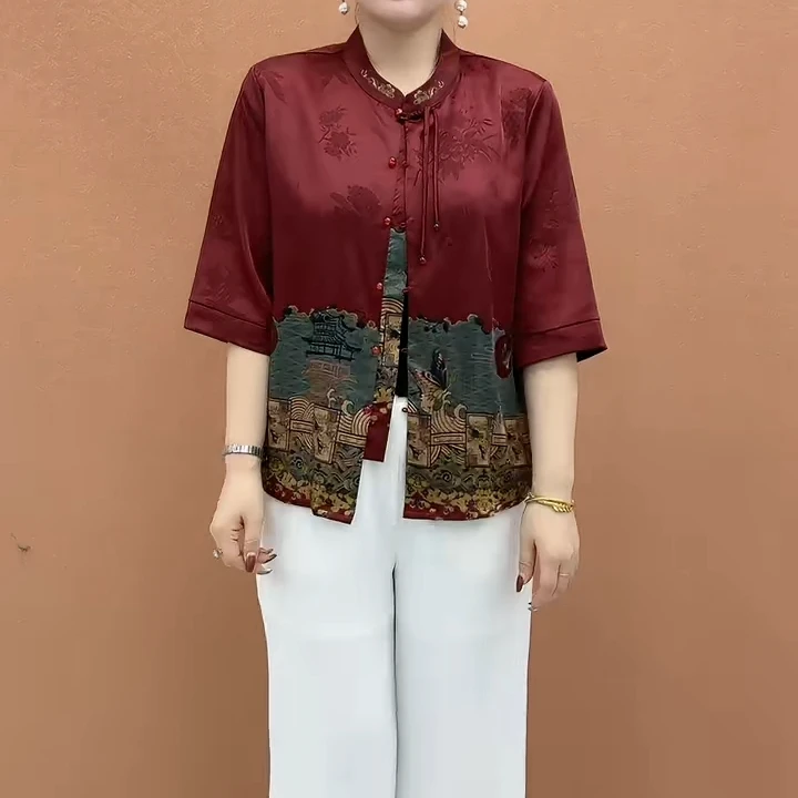 中年妈妈七分袖开衫2025夏季新款时尚洋气民族风潮流百搭减龄衬衣