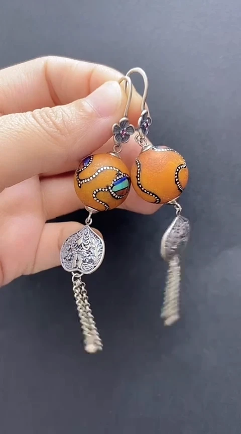 【闪购商品】琥珀裸石银S925镶嵌蜜蜡耳坠