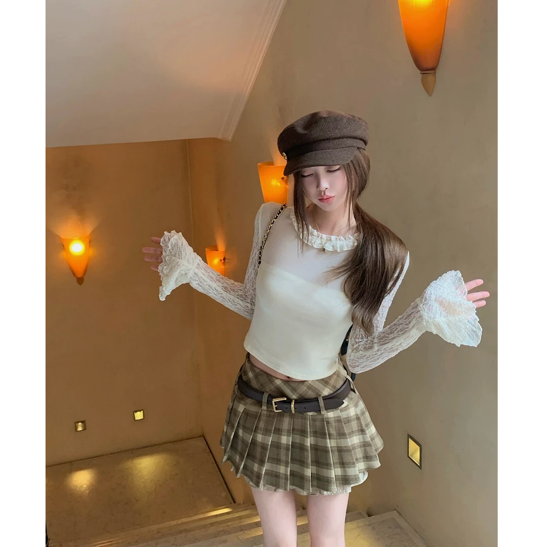 法式圆领花边蕾丝长袖针织衫上衣又酷又飒百搭外套女配百搭半身裙