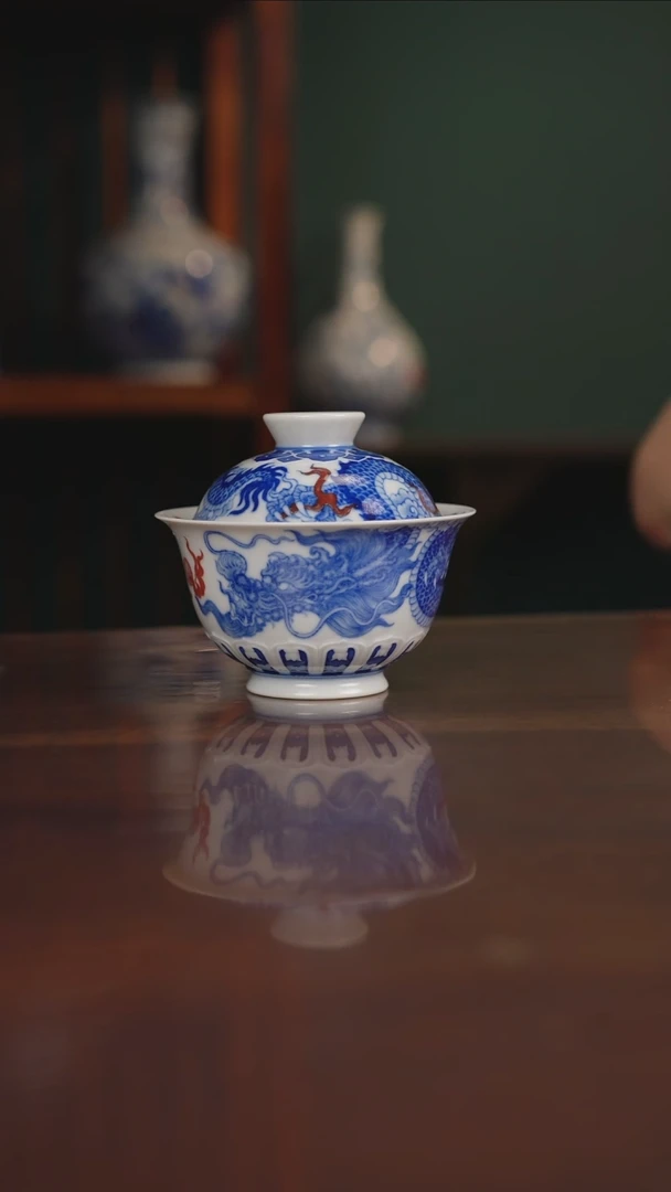 自成堂柴窑 青花釉里红 雕刻