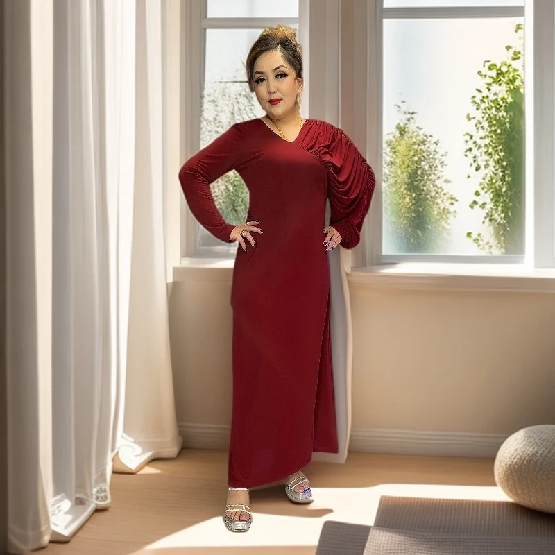 长袖旗袍裙斜领女士V领长裙秋季季中式高腰连衣裙时尚01