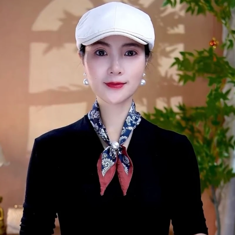 【冰丝缎珠珠蝴蝶结小丝巾】时尚百搭吸扣丝巾