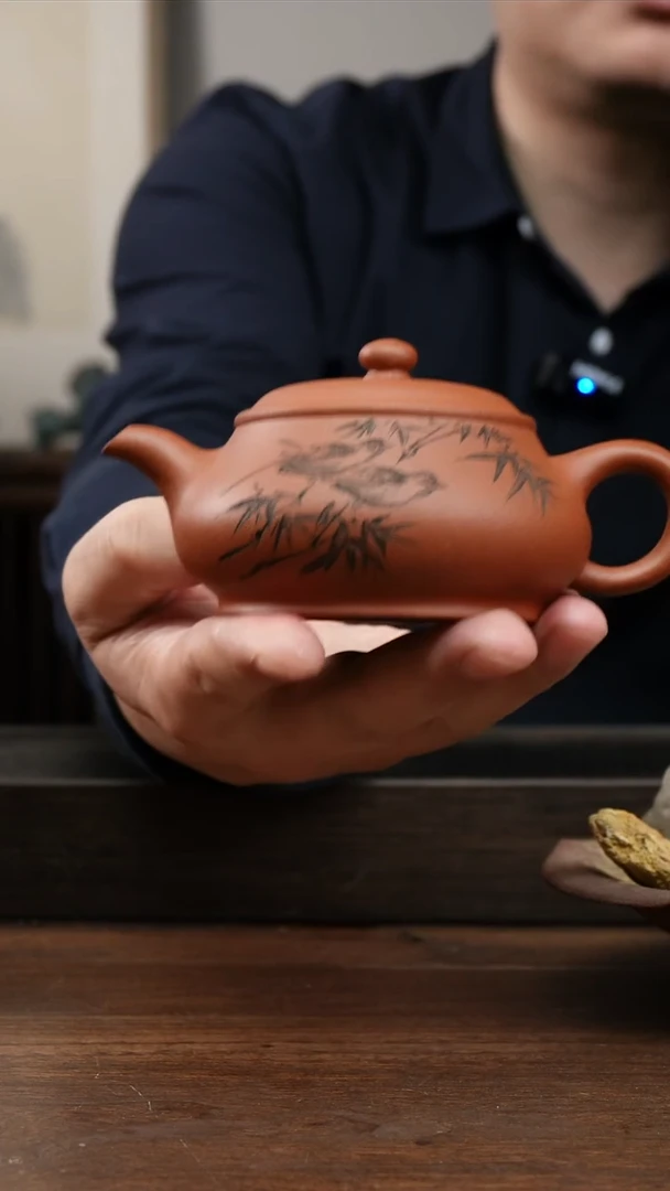 茶杯紫砂红清水明炉       刻绘小鸟    200CC