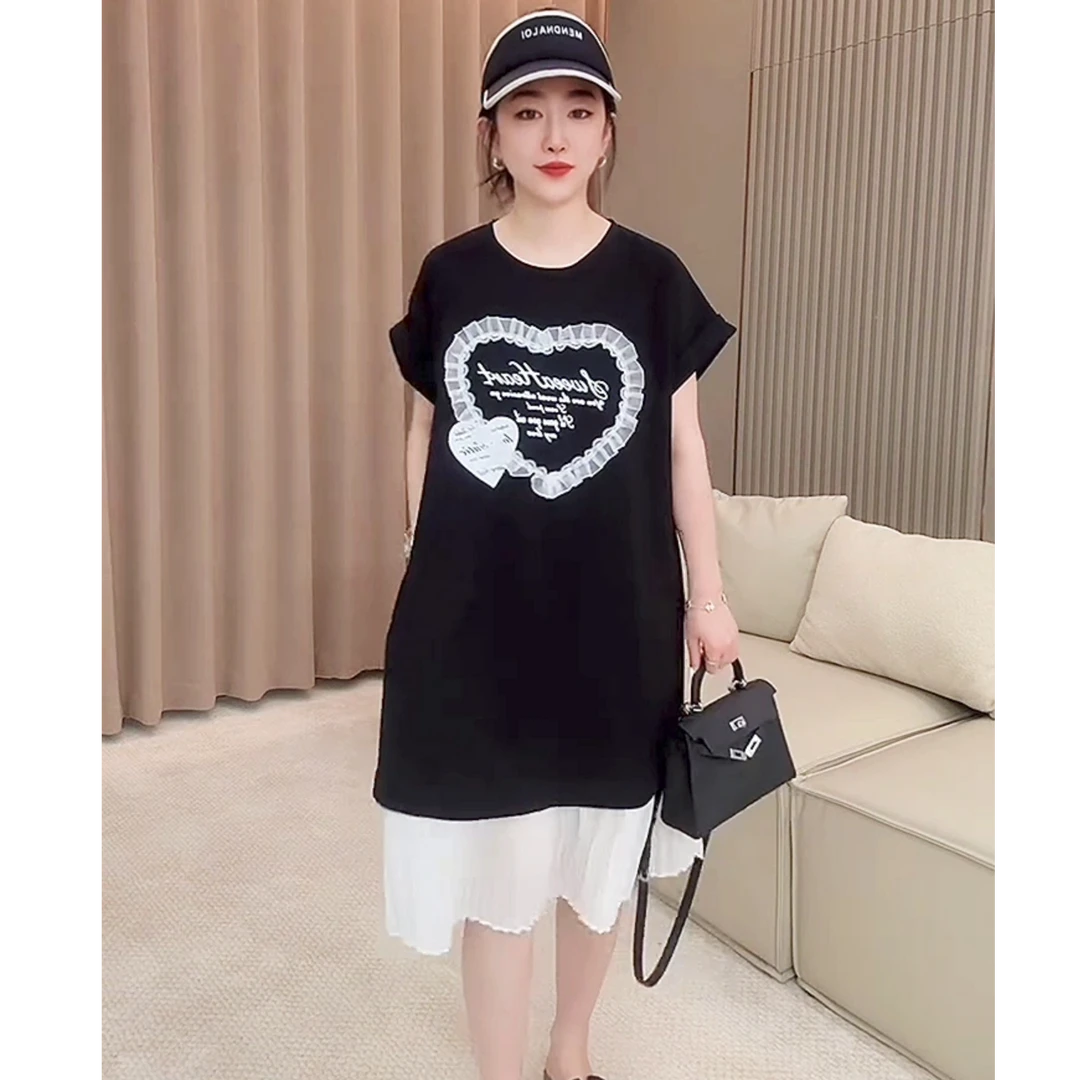 大码拼接爱心撞色长款连衣裙宽松显瘦短袖上衣过膝超仙通勤清新洋