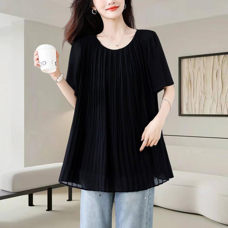 黑色重工压褶雪纺小衫女夏季2025新款洋气宽松休闲显瘦中长款上衣