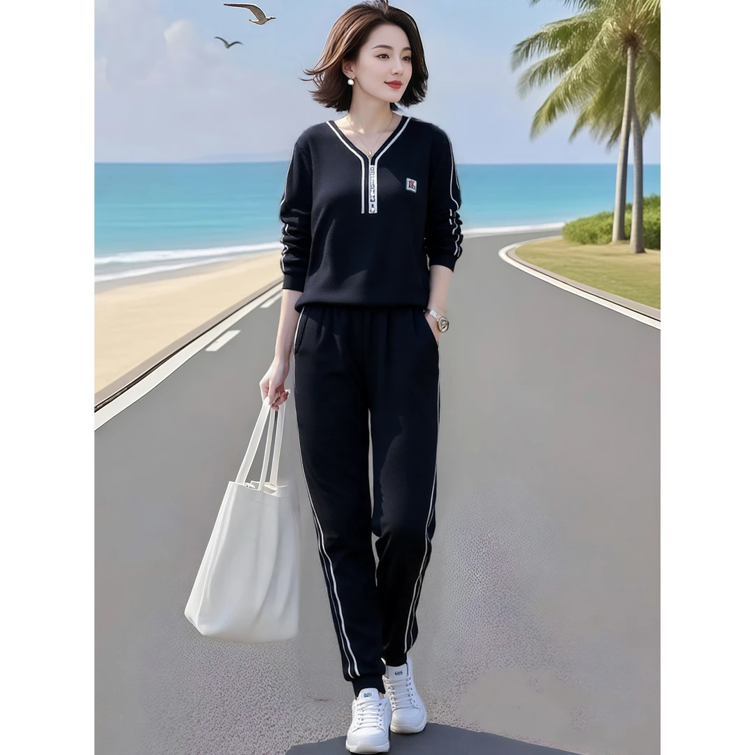 HH#【170可穿】休闲套装秋季新时尚v领长袖卫衣裤子两件套DY14770A