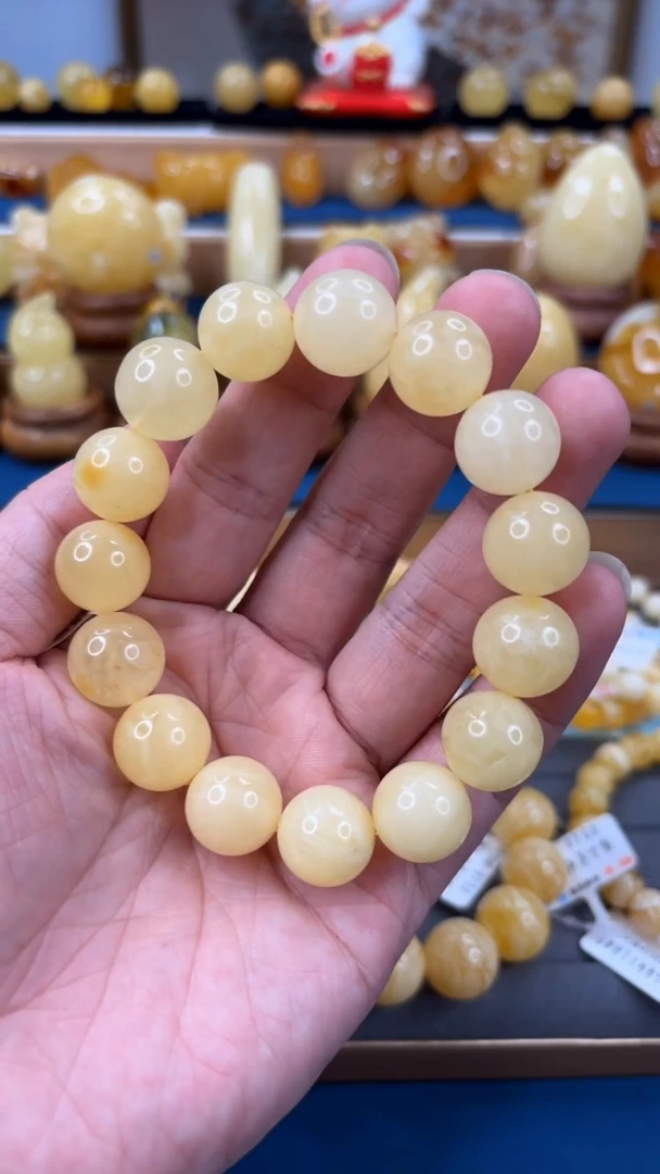 手串琥珀未镶嵌p71微瑕白花蜡手串 15mm 27.08克