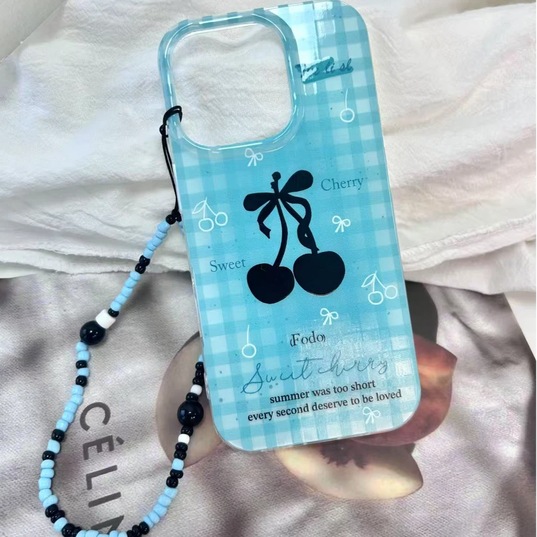 薄荷绿樱桃图案适用苹果手机壳