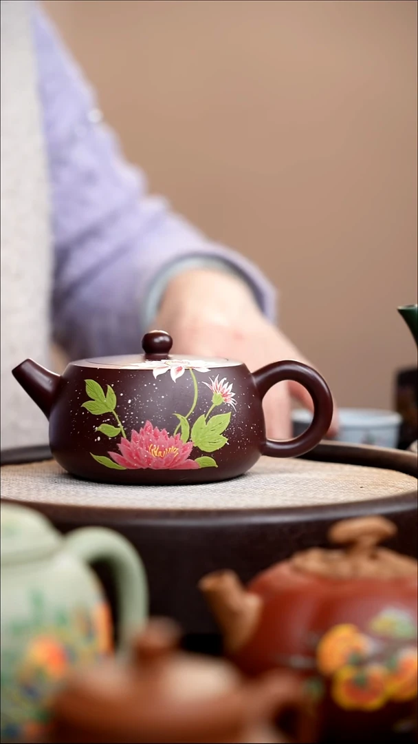 茶壶紫砂003 紫脂泥石鼓泥绘三花