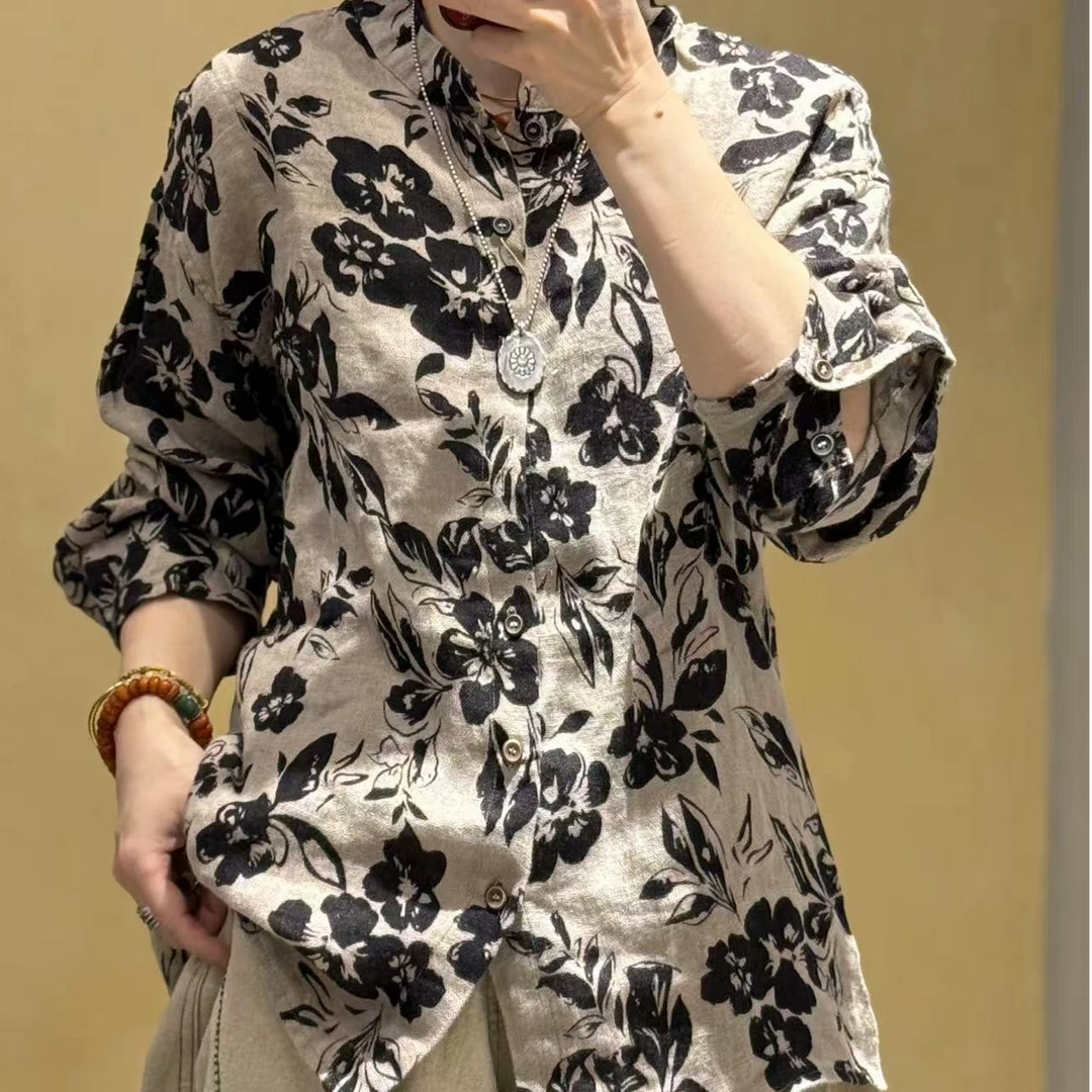 2025新款衬衣色织雨露麻印花立领高品衬衣2411112时尚休闲百搭